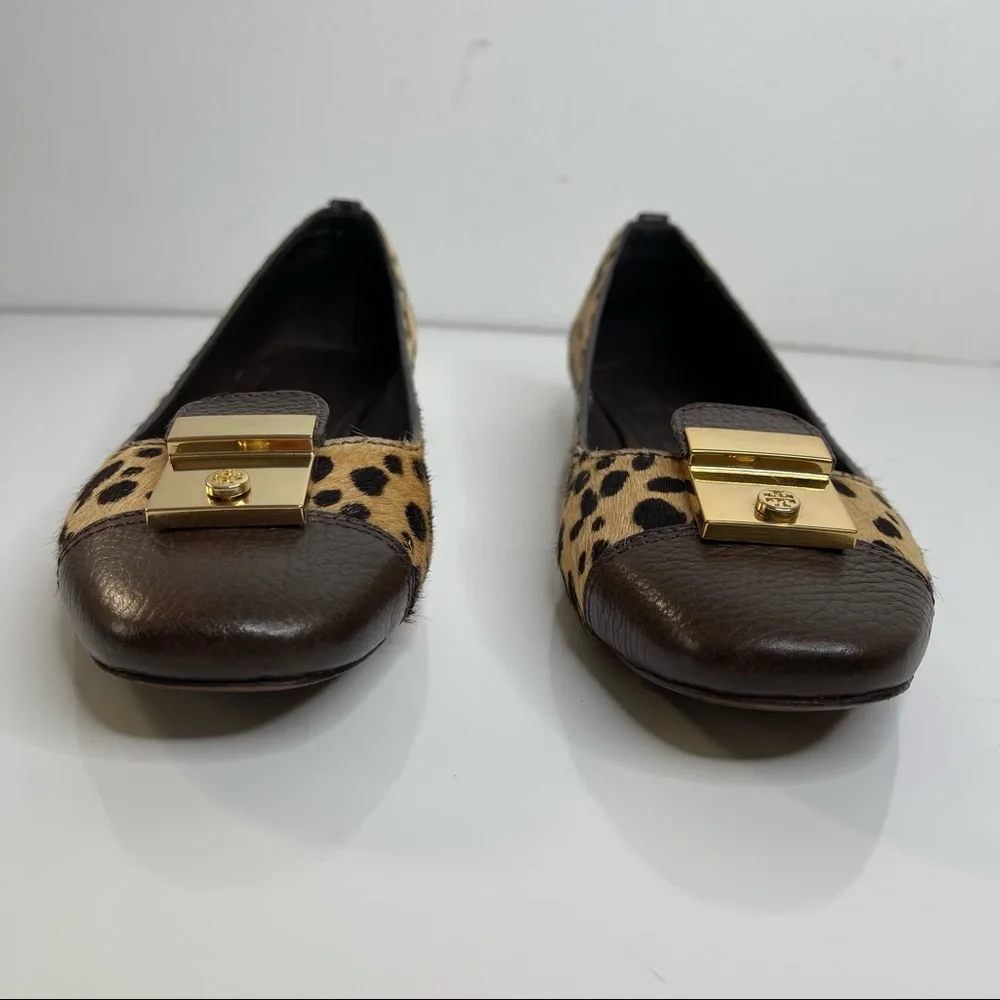 Tory Burch Priscilla Ballet Hair Calf Tumbled Leather Flat Cheetah Coconut Sz 8